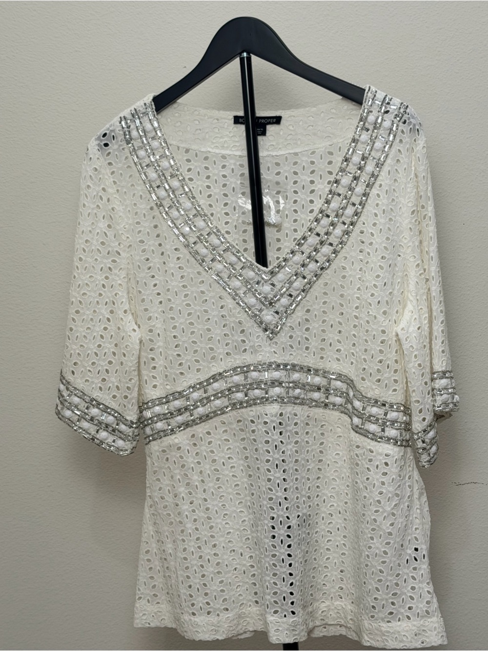 Boston Proper White Eyelet Tunic with Silver Bead Trim
